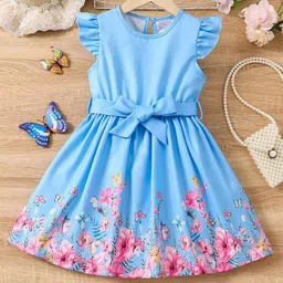 BAESD Girls Floral Print Flutter Sleeve Round Neck Knee Length Cotton Fit & Flare Dress-56