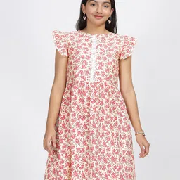 IDAA Girls Round Neck Floral Print Flutter Sleeve Fit & Flare Dress-image-53