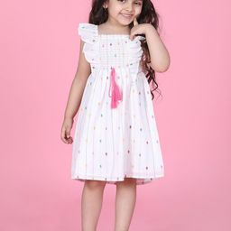 Hola Bonita Girls Polka Dot Printed Cotton Flutter Sleeve Fit & Flare Dress-picture-19