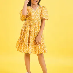 Stylo Bug Girls Floral Printed Flared Sleeve Crepe Fit & Flare Dress-23