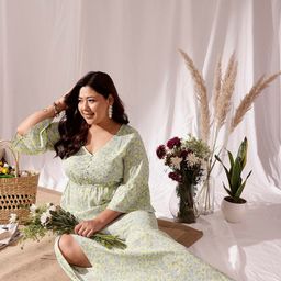 CURVY STREET Plus Size Floral Print V-Neck Long Bell Sleeve Fit & Flare Dress-27