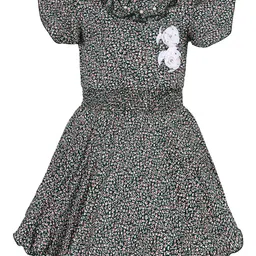 Wish Karo Girls Printed Flutter Sleeve Crepe Fit & Flare Dress-0