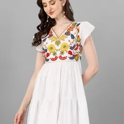 Kinjo Floral Embroidered V-Neck Flutter Sleeve Tiered Fit & Flare Dress-picture-55