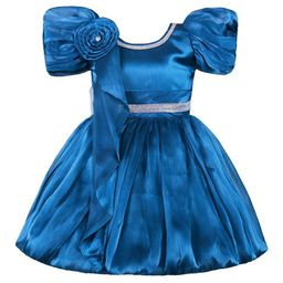 Wish Karo Blue Puff Sleeve Satin Fit & Flare Dress-image-17
