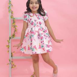 KidsDew Girls Floral Printed  Peter Pan Collar Flutter Sleeve Satin Fit & Flare Dress-11