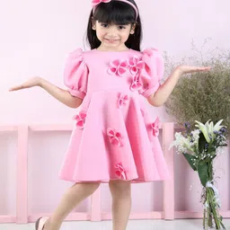 THE LITTLE CELEBS Girls Applique Puff Sleeves Fit & Flare Dress-image-31