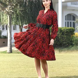 plusS Mandarin Collar Abstract Print Puff Sleeve Layered Fit & Flare Dress-picture-33