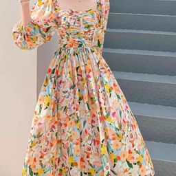 LULU & SKY Floral Printed Puff Sleeve Ruched Fit & Flare Midi Dress-image-48