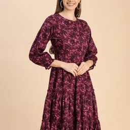 Moomaya Round Neck Floral Print Puff Sleeve Fit & Flare Dress-11