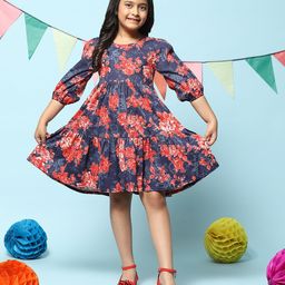 Biba Girls Floral Printed Puff Sleeve Cotton Fit & Flare Dress-image-99