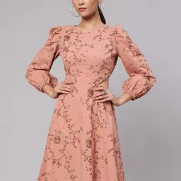 AKS Floral Printed Puff Sleeves Cotton Fit & Flare Dress-image-66