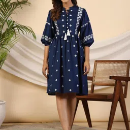 Juniper Floral Printed Puff Sleeve Fit & Flare Tie-Up Neck Dress-image-22