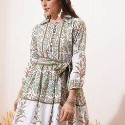 Vishudh Green Floral Printed Puff Sleeve Tie-Ups Fit & Flare Dress With Belt-picture-6