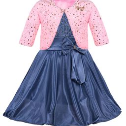 Wish Karo Girls Embellished Round Neck Bow Satin Fit & Flare Dress With Shrug-image-67