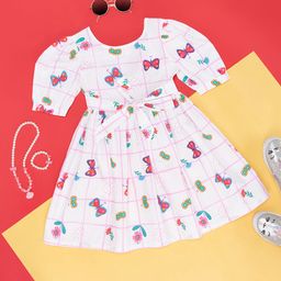 Pantaloons Junior Girls Conversational Printed Puff Sleeves Pure Cotton Fit & Flare Dress-picture-8