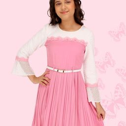 CUTECUMBER Girls Self Design Bell Sleeves Belted Pleated Lace Fit & Flare Dress-picture-10