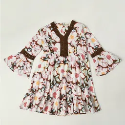 Bella Moda Girls Floral Printed Bell Sleeves Lace Detail Pure Cotton Fit & Flare Dress-image-92