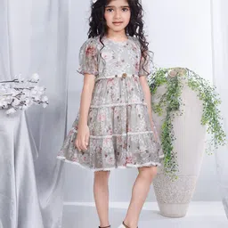 Peppermint Girls Floral Printed Puff Sleeves Lace Inserts Net Fit & Flare Dress With Belt-image-97
