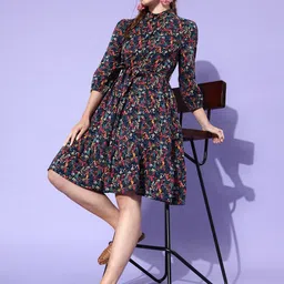 EVERYDAY by ANI Floral Printed Shirt Collar Bell Sleeve Fit & Flare Dress-picture-34