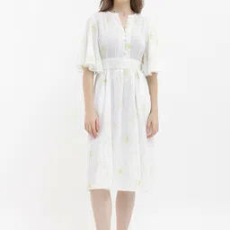 RAREISM Floral Embroidered Flared Sleeves Cotton Fit & Flare Midi Dress-picture-11