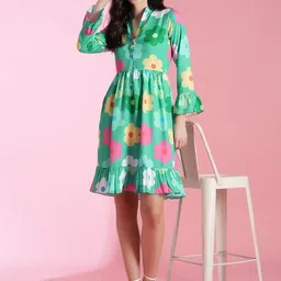 Stylecast X Kotty Mandarin Collar Floral Print Bell Sleeve Fit & Flare Dress-image-29
