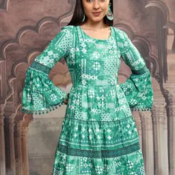 Vishudh Green Geometric Printed Bell Sleeves Gathered Fit & Flare Dress-image-11