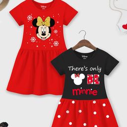 YK Disney Girls Pack Of 2 Minnie Mouse Printed Gathered Cotton A-Line Dresses-46