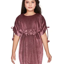 Peppermint Self Design Extended Sleeves Tie Ups Detail Velvet Fit & Flare Dress-image-12