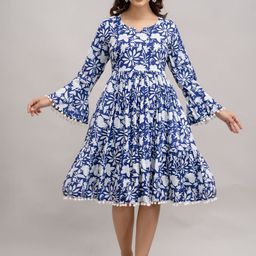 SHOOLIN Floral Print Bell Sleeve with Pom-Pom Detail Fit & Flare Dress-image-4
