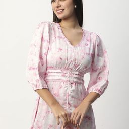 R&B Women Print Puff Sleeves Fit and Flare Midi Dress-picture-44
