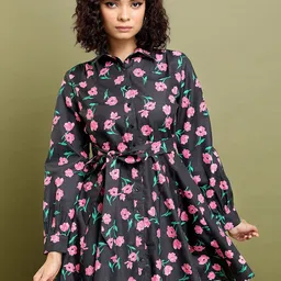 Tokyo Talkies Black Floral Printed Shirt Collar Cuffed Sleeves Mini Shirt Dress-image-9