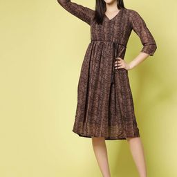 plusS Brown Floral Print V-Neck Fit & Flare Polyester Dress-picture-57