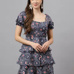 TRYMISFIT Ethnic Motifs Printed Square Neck Puff Sleeve Layered Cotton Fit & Flare Dress-picture-12