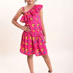 KiddoPanti Floral Print Asymmetric Neck Blouson Dress-image-63