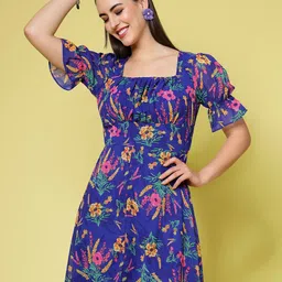 plusS Blue Floral Printed Square Neck Puff Sleeves Gathered A-Line Dress-picture-29