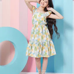 pspeaches Girls Floral Print Square Neck Flutter Sleeves Fit & Flare Dress-image-86