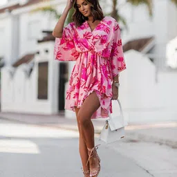 StyleCast Pink Floral Printed Flared Sleeves Gathered Fit & Flare Dress-image-29