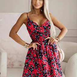 StyleCast Red Shoulder Straps Floral Printed Fit & Flare Dress-0