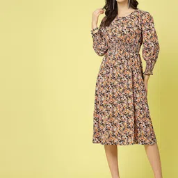 plusS Black & Orange Floral Printed Puff Sleeves Smocked Detail Fit & Flare Dress-picture-22