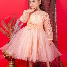 Bella Moda Girls Self Designed Long Sleeves Satin Fit & Flare Midi Dress-picture-50