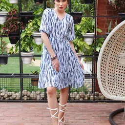 Sera Blue V-Neck Shibori Dyed Chiffon Fit & Flare Dress-picture-14
