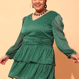 CURVY STREET Plus Size Green & Black Polka Dot Printed Puff Sleeves Fit & Flare Dress-picture-15