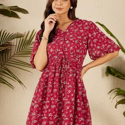 Marie Claire Floral Printed V-Neck Short Sleeves Chiffon Fit & Flare Dress-picture-16