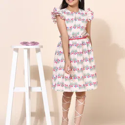 FASHION DREAM Girls Floral Printed Flutter Sleeves Ruffle Detailed Fit & Flare Dress-24