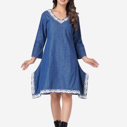 SUMAVI-FASHION Floral Embroidered Organic Cotton Denim A-Line Dress-picture-38