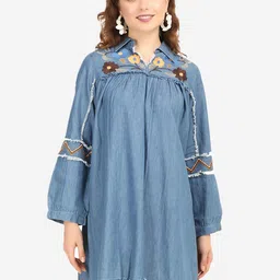 SUMAVI-FASHION Floral Embroidered Organic Cotton Denim A-Line Dress-image-26