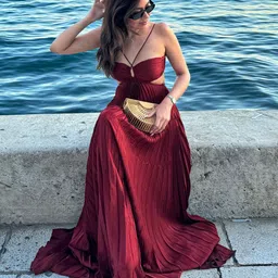 Alamode By Akanksha Women Hay Luxe Pleated Flowy Maxi Dress-image-14