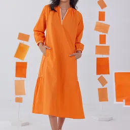 PINK CACTII Mandarin Collar A-Line Cotton Midi Dress-image-9
