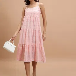 KETCH Pink Floral Embroidered Shoulder Straps Sequinned Tiered A-Line Midi Dress-picture-3