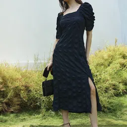 PINACOLADA Square Neck Puff Sleeves A-Line Midi Creased Dress-image-51